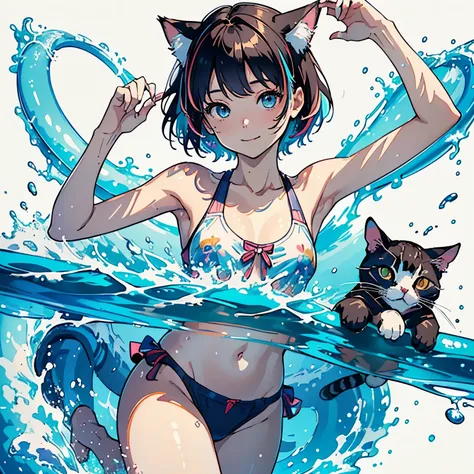 (highest quality, masterpiece, High resolution)、4K Anime Art、(1 beautiful Japan woman、20-year-old)、(whole body、Gliding on a waterslide)、 (Detailed depiction of a beautiful face)、Happy smile、Small breasts、(Cat ear)、Medium Short Hair、Bobcut、(small tops、swims...