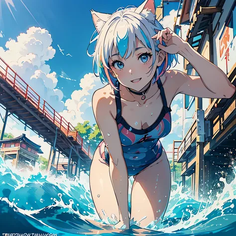 (highest quality, masterpiece, High resolution)、4K Anime Art、(1 beautiful Japan woman、20-year-old)、(whole body、Gliding on a waterslide)、 (Detailed depiction of a beautiful face)、Happy smile、Small breasts、(Cat ear)、Medium Short Hair、Bobcut、(small tops、swims...