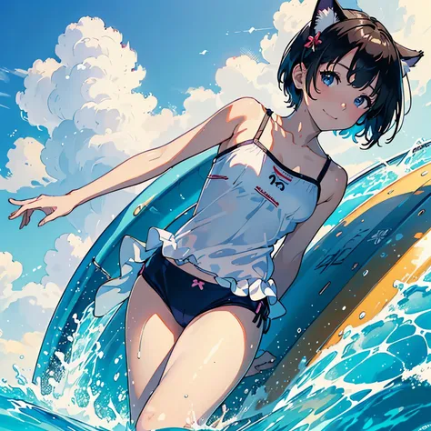 (highest quality, masterpiece, High resolution)、4K Anime Art、(1 beautiful Japan woman、20-year-old)、(whole body、Gliding on a waterslide)、 (Detailed depiction of a beautiful face)、Happy smile、Small breasts、(Cat ear)、Medium Short Hair、Bobcut、(small tops、swims...