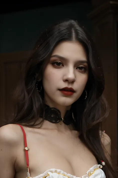 A vampire woman in her 20s, con cabello negro y largo con ondas, sin flequillo, y ojos rojos. Viste un elegante corset rojo vino que resalta su figura, combinado con una falda negra ajustada de estilo sirena que realza su feminidad. Sus tacones negros. Com...