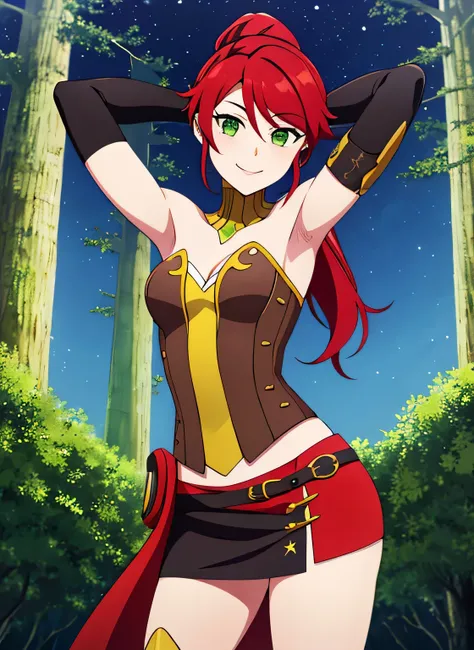 ((best quality)), ((highly detailed)), absurdres, (detailed eyes, deep eyes), (1girl), pyrrha nikos, rwby, red hair, ponytail, green eyes, medium breasts, smiling, circlet, bustier, bare shoulders, skirt, elbow gloves, bracers, solo, (cowboy shot:1.5), nig...