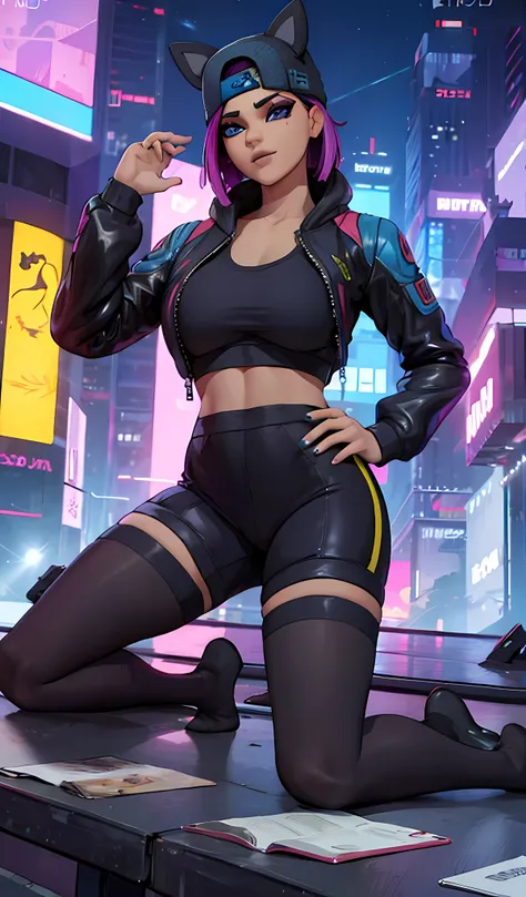 1 chica, sentada, cyberpunk Noche, chaqueta Azul, jogger Negro, Extremadamente detallado, rostro detallado , gorra ,hermoso rostro detallado, ojos detallados, dynamic pose 