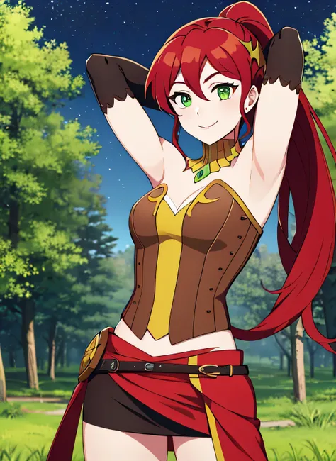 ((best quality)), ((highly detailed)), absurdres, (detailed eyes, deep eyes), (1girl), pyrrha nikos, rwby, red hair, ponytail, green eyes, medium breasts, smiling, circlet, bustier, bare shoulders, skirt, elbow gloves, bracers, solo, (cowboy shot:1.5), nig...