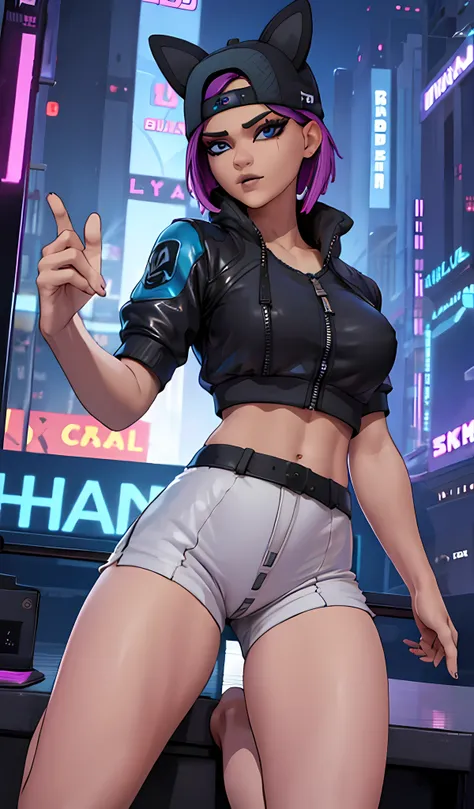 1 chica, sentada, cyberpunk Noche, chaqueta Azul, jogger Negro, Extremadamente detallado, rostro detallado , gorra ,hermoso rostro detallado, ojos detallados, dynamic pose 