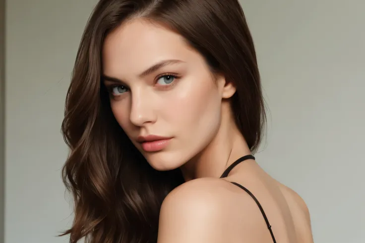 A beauty and fashion model has a cold shoulder-length face