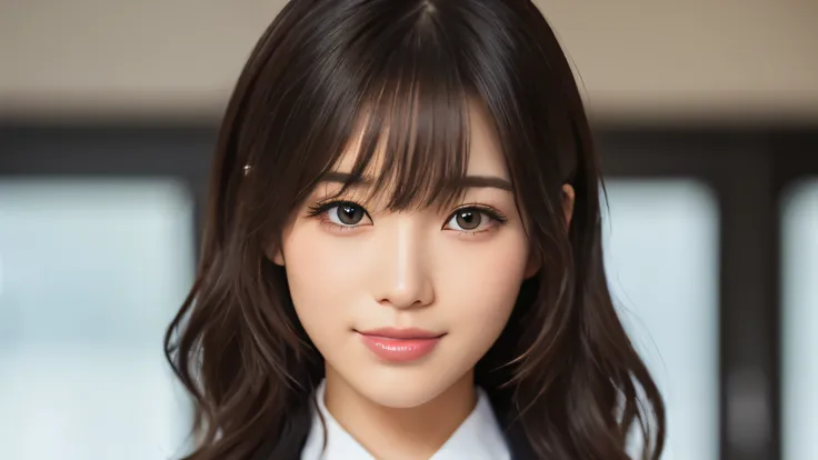 (masterpiece:1.2,highest quality),((office)),((Photographed with an ultra-wide-angle single focus lens)),depict the upper body,1 young woman,((business suit)),Black wavy hair,((Fine and beautiful eyes)),blushed,Healthy Skin,(smile),8k resolution