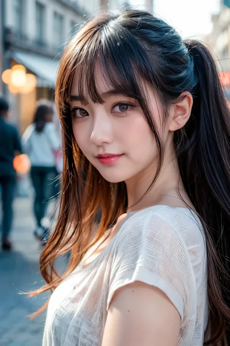 (8k, Best Quality, Masterpiece:1.2), (Realistic, Photorealistic:1.37), Ultra Detail, 1 Girl,Cute,Solo, Portrait, street photography, natural light, bokeh, Chinese beauty, long silky hair, chic and comfortable, casual clothing, Beautiful Detailed Sky,Date,(...