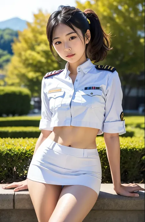 Actual photo、Highest imYear quality、Realistic、Beautiful woman、Beautiful thighs、Beautiful Face、本当の私は何Yearも、federal army uniform miniskirt、ponytail、Yuriko Yoshitaka、16 year old Japanese female、Zuo々Ki Nozomi:1.4、pretty girl、White pantiesが見える、1６Year、（White pan...