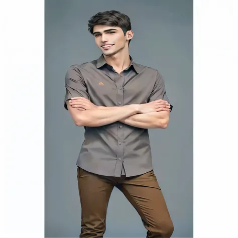 arafed man in a brown camisa and brown pants posing for a picture, brown camisa, elegant slim beige camisa, imagen del anuncio, ropa casual moderna, artem, centro de imagen, wears beige camisa, vista de cuerpo completo, camisa, dress camisa, caquis, Imagen...