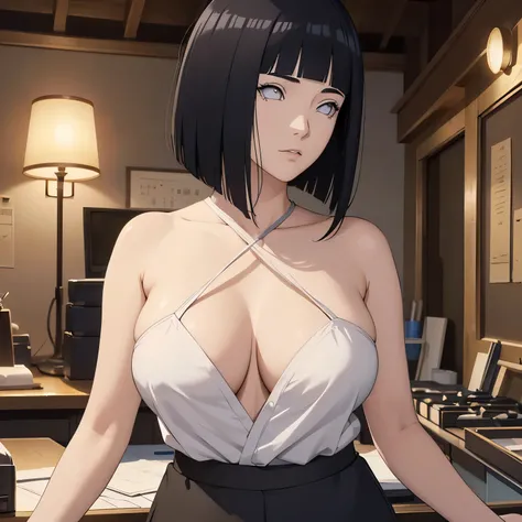 (masterpiece), anime, Best quality, good anatomy, one girl, Hinata Hyuga, Naruto, standing on his feet(full height), table is behind her, white eyes, Big breasts, realistic face, gloomy face, Looking down, dark hair, short haircut, black top, black pencil ...