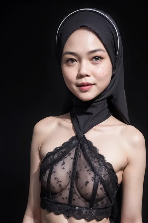 ((FLAT CHEST:1.8)), ((Lace)), (Happy smile), (((HIJAB MALAY GIRL))), masutepiece, High quality, UHD 32K, Realistic face, Realistic skin feeling , A Japanese Lady, 58 years old matured lady, , Very cute and baby-like face, (((FLAT CHEST))), (Night time at f...