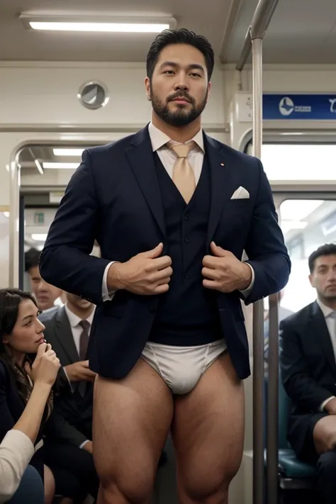 A stocky Japanese man in his 40s, a former rugby player with a short beard, wearing a suit, standing in a crowded train with only underwear on his lower body. white competitive swim suits erection
