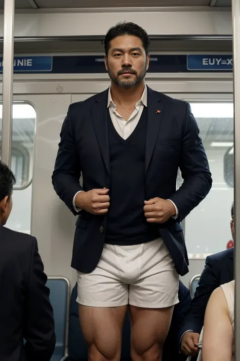 A stocky Japanese man in his 40s, a former rugby player with a short beard and a suit, standing in a crowded train wearing only underwear, white swim boxer shorts
