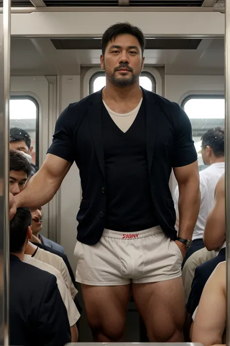 A stocky Japanese man in his 40s, a former rugby player with a short beard and a suit, standing in a crowded train wearing only underwear, white swim boxer shorts
