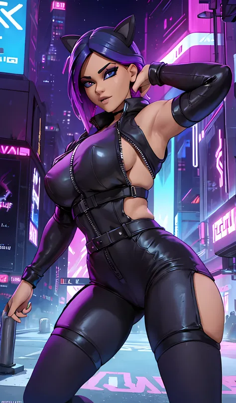 1 chica, sentada, cyberpunk Noche, chaqueta Azul,leggins Negro, Extremadamente detallado, rostro detallado , pies ,hermoso rostro detallado, ojos detallados, dynamic pose 