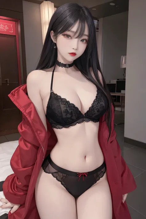 Top image quality、Raw photography、A high resolution、20-year-old cool Korean、big round chest、thin red silk coat、black lace underwear、Beautiful Eyes of Details、very elongated eyes、Beautiful eyelashes、Beautiful double eyelids、eyeshadows、耳Nipple Ring, wearing ...