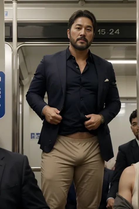 A stocky Japanese man in his 40s, a former rugby player with a short beard and a suit, standing in a crowded train in his underwear.
