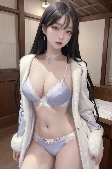 Top image quality、Raw photography、A high resolution、20-year-old cool Korean、big round chest、thin silk coat、lace underwear、Beautiful Eyes of Details、very elongated eyes、Beautiful eyelashes、Beautiful double eyelids、eyeshadows、耳Nipple Ring, wearing super tigh...