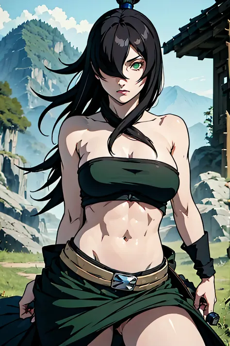 ((masterpiece, highest quality)), (solo focus), (perfect face:1.1), (high detail:1.1),dramatic, 1girl, (pale skin), Green eyes: 1.5, solo, long black hair, Hair over one eye), detailed background, Green clothes, earthbender, Mei from Naruto, (Abs:1.2), sfw...