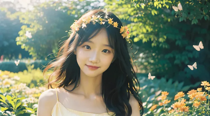 1 Girl、flowy sundresses、Floral headpiece、Delicate makeup、(Bright Eyes、Smooth skin texture、Calm expression)、A happy smile、Golden Hour Lighting、Serene Garden Setting、Butterflies and petals、Depth of written boundary、Warm color palette、Whimsical atmosphere、Hig...