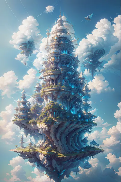 photo of floating small island in sky high, ((floating in sky, getting off the ground)),steampunk style, highest quality, master...