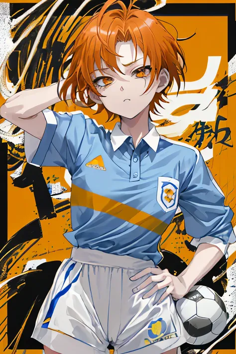 Cool yellow-eyed adult woman wearing a white sporty uniform、1 person、Mikage Reo style、Seishiro Nagi、Orange brown short hair、blue prison、Bold poses and expressions、A smug, condescending look、masterpiece、Superb、Hands open、soccer ball、Exposure is modest