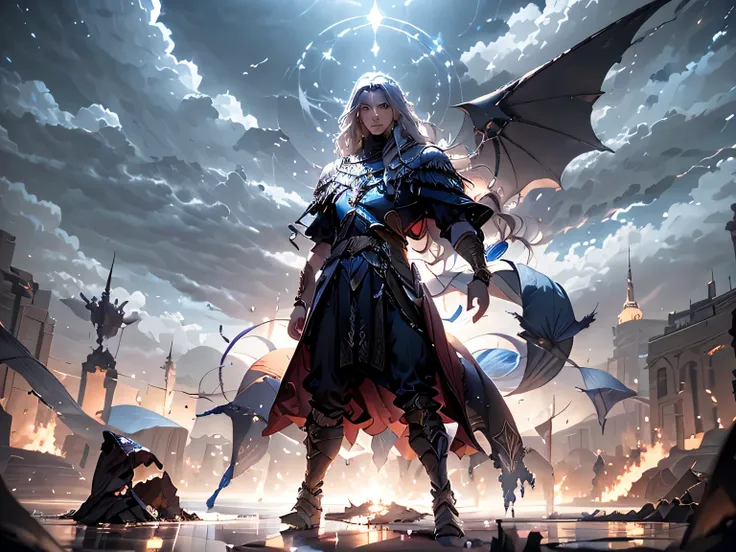 battlefield,A young male，Silver long hair，wearing ornate armor,Look to the sky，majesty，fighting，Human Strong,There are demons everywhere in the distance