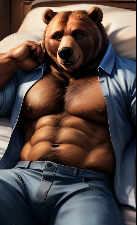 (((Bear))), (((open shirt))), ((blue jeans pants)), (((full body portrait))), showing pecs, showing chest, male, solo, adult, muscular abs, big pecs, nipples, older, detailed muscles, strong muscles, huge muscles, brown hair, (((lying down in bed))), (bedr...