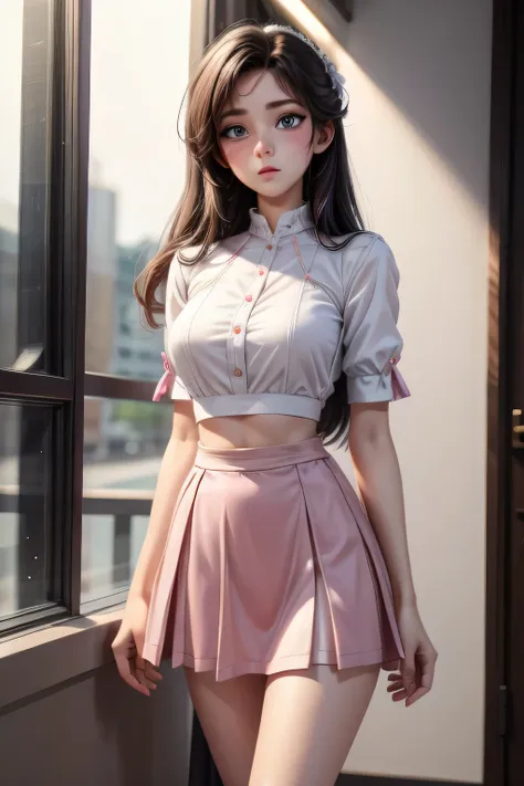 1girl in, sleep on the bad, sayla mass, elegant, masutepiece, convoluted, army pink uniform dress with a super miniskirt that al...