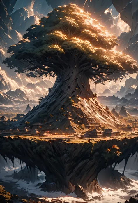 At the center of the image is the immense World Tree, strong roots, towering over the clouds, with tiny ancient cities underneath, best quality, beautiful image, extreme detail, masterpiece, cinematic light, masterpiece, impasto