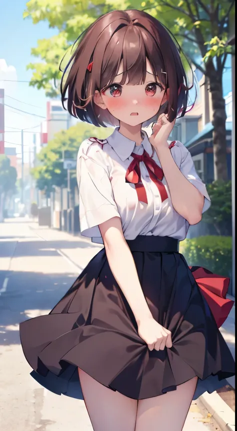 1womanl,Brown hair,Red ribbons ,((Surprised look)),Beautiful breasts,White shirt,Red dress,well-styled,,(Facing the front)(((Blushing cheeks、embarassed expression)),(((The skirt is rolled up by the wind)))、A dark-haired、Long bob cut、