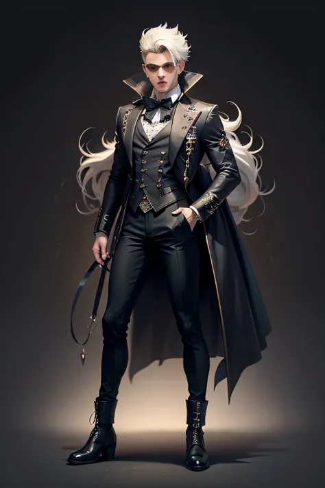 Create an extravagant full-body portrayal of a guy in Gothic style, emphasizing the "guy" theme. The design should feature Gothic elements such as lace, ribbons, and Victorian details, showcasing an elegant and intricate style. Utilize a color palette of b...