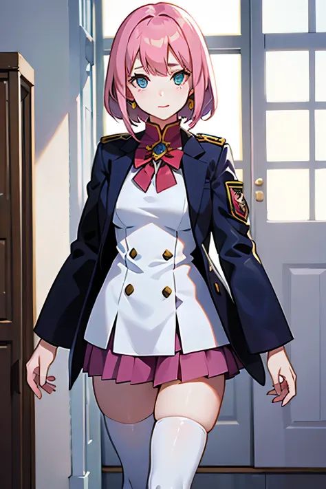 1girl in, sayla mass, Elegant, masutepiece, Convoluted, Army pink uniform dress with a super miniskirt that almost shows your panties、Super miniskirt You can see the pants in the miniskirt、White panty、Realistic, Best Quality, With White Base and Mobile Sui...