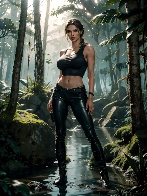 full body lara croft, long brown ponytail, brown eyes, high arched eyebrows, red lips, large breast leather pants, filter sleeveless torn t-shirt deep leather boots in jungle, (Realistic,photoRealistic, photo-Realistic:1.37),Horror, dark and gloomy atmosph...