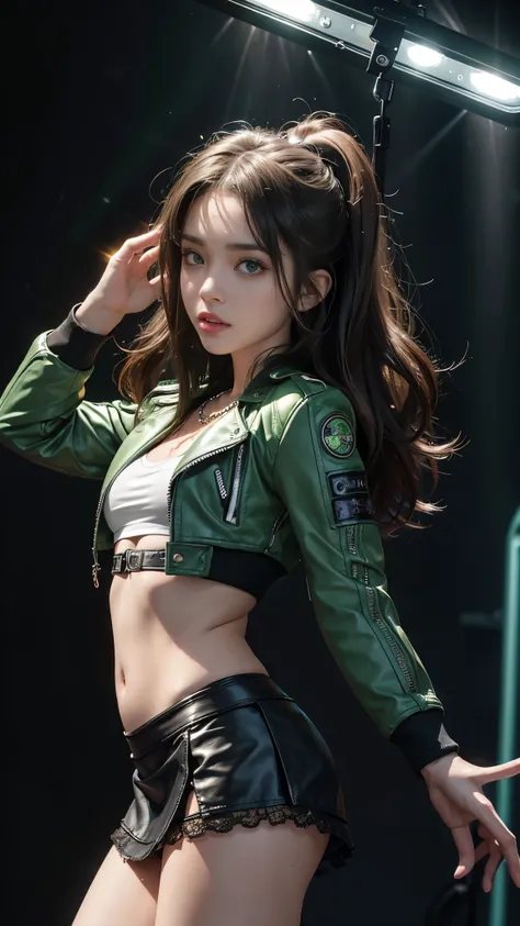 8K, ultra hd, masterpiece, hd colors, 1 girl, perfect face, very long curly hair, detailed eyes, ((green leather jacket)), ((short mini skirt)) rockstar outfit, stocking, ((strip lace)), ((chain)), stars, bare navel, jwellery, Realistic club, lighting stag...