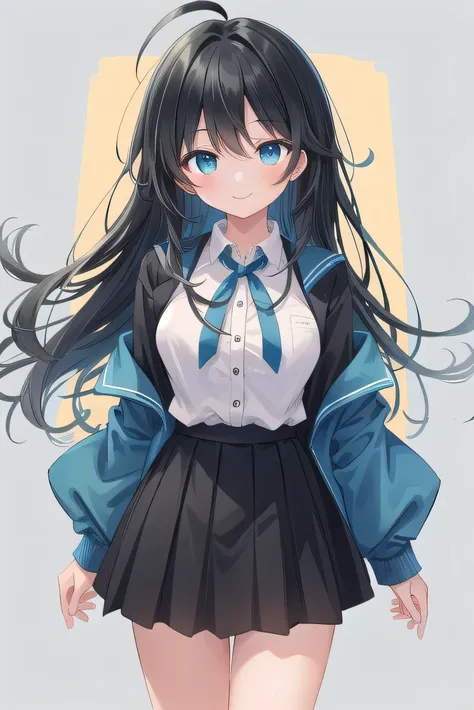 Junior high school student who looks like an elementary school student, 14 years old, very short, 140 cm tall, black hair with a slight green tinge, short ahoge, beautiful long hair but with a little hair sticking out, beautiful round eyes, blue eyes, smil...