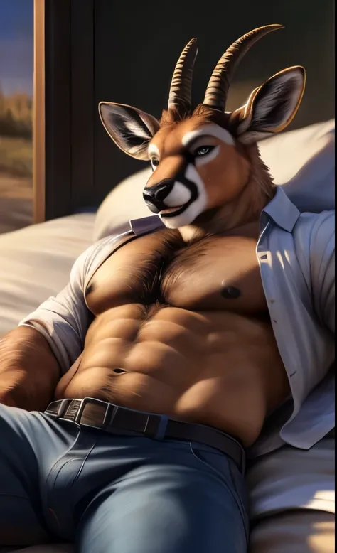 (((Antelope))), (((open shirt))), ((blue jeans pants)), (((full body portrait))), showing pecs, showing chest, male, solo, adult, muscular abs, big pecs, nipples, older, detailed muscles, strong muscles, huge muscles, brown hair, (((lying down in bed))), (...