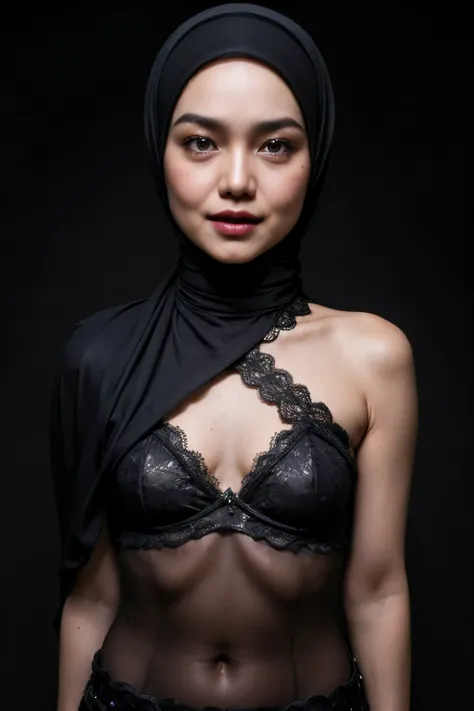 ((FLAT CHEST:1.8)), ((Lace)), (Happy smile), (((HIJAB MALAY GIRL))), masutepiece, High quality, UHD 32K, Realistic face, Realistic skin feeling , A Japanese Lady, 58 years old matured lady, , Very cute and baby-like face, (((FLAT CHEST))), (Night time at f...