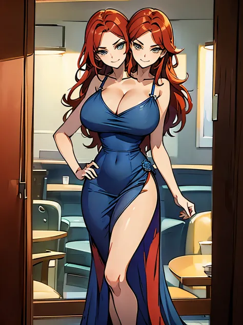 best quality, (masterpiece),(ultra-detailed), (high quality), (high resolution), ((2heads:1.5)), best quality:1.5, highres, UHD, 16K), two headed woman, smiling, highres, masterpiece, ((red hair)),, ((different hair color)),cleavage, ((blue dress:1.5)), lu...