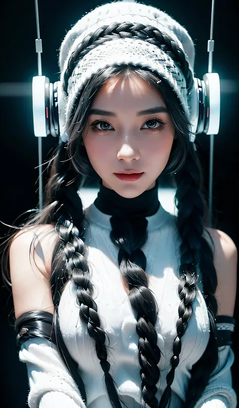 Woman happy　Perfect beauty　Beautiful white skin　beautidful eyes　Look at viewers　Lustrous lips　Lovely smile　gray hair in braids　Knitted hats　tattoo on body　IDOL　is standing　Futuristic Lolita costume designed in black and white　Functional　head phone　spaceshi...