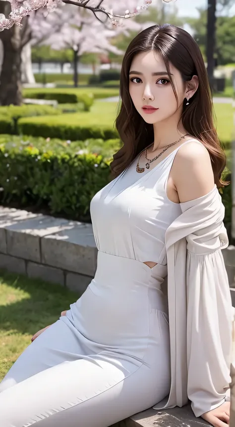 a beautiful young girl looks at the audience wearing a white dress., in the garden, realistic graphics, wearing a beautiful neck...