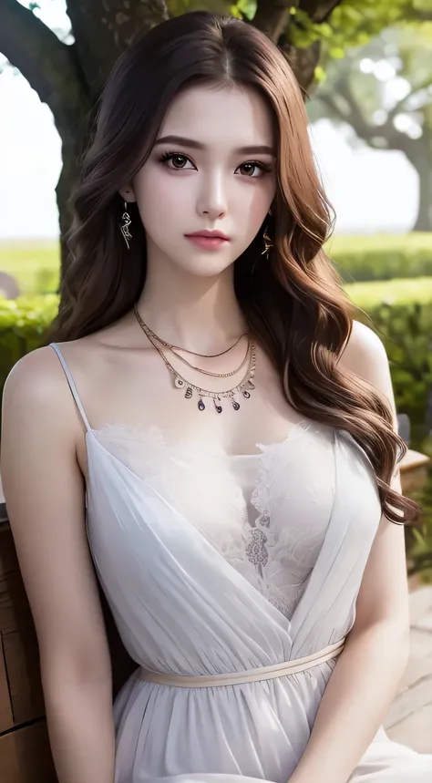 a beautiful young girl looks at the audience wearing a white dress., in the garden, realistic graphics, wearing a beautiful neck...