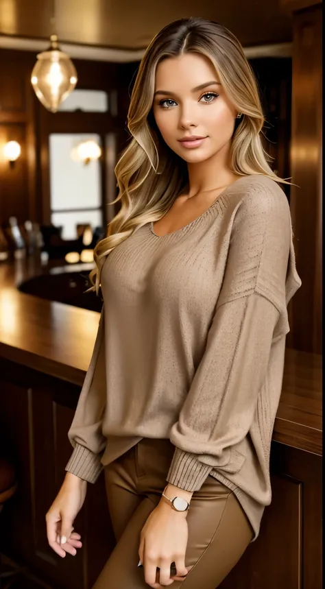 Foto hiperrealista en primer plano de Emily Sears , masterpiece, best quality, (photorealistic:1.4), full body, (light brown Casual 3/4 Sleeve Loose Tunic Tops Lightweight Knit Fall Pulover Sweater Blouses:1.2), (brown luxury  pants:1.1), heels, inside the...