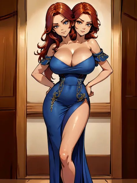 best quality, (masterpiece),(ultra-detailed), (high quality), (high resolution), ((2heads:1.5)), best quality:1.5, highres, UHD, 16K), two headed woman, smiling, highres, masterpiece, ((red hair)),, ((different hair color)),cleavage, ((blue dress:1.5)), lu...