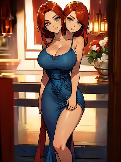 best quality, (masterpiece),(ultra-detailed), (high quality), (high resolution), ((2heads:1.5)), best quality:1.5, highres, UHD, 16K), two headed woman, smiling, highres, masterpiece, ((red hair)),, ((different hair color)),cleavage, ((blue dress:1.5)), lu...