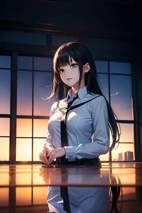 a junior high school student, female, beautiful and cute, solo character, (black single sidelock hair), bright eyes, gradient eyes, school unifrom, breeze blow,(anime style), (cinematic lighting), (ray tracing), ((reflection light)), ((half-body-shot)), at...