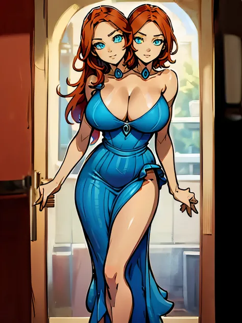 best quality, (masterpiece),(ultra-detailed), (high quality), (high resolution), ((2heads:1.5)), best quality:1.5, highres, UHD, 16K), two headed woman, smiling, highres, masterpiece, ((red hair)),, ((different hair color)),cleavage, ((blue dress:1.5)), lu...