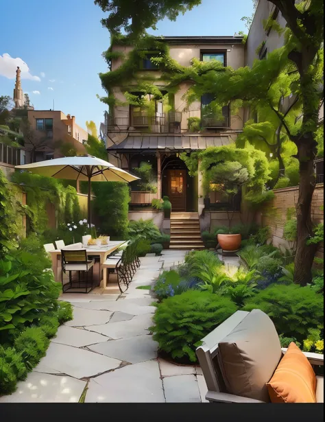 There is a garden with a table in the middle、Patio with chairs and benches, Tree-lined, Lush and chic garden, Backyard garden, garden environment, Lush garden in the background, Incredibly beautiful, plants and patio, cute style garden, Epic spacious court...