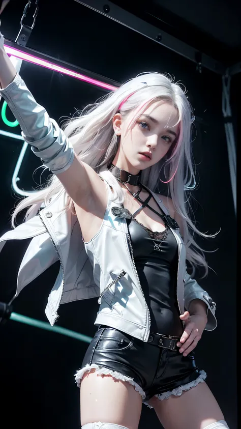 8K, ultra hd, masterpiece, hd colors, 1 girl, perfect face, very long curly hair, detailed eyes, rockstar outfit, ((white leather jacket)), ((thin vest)), underwear, belt:1.5, stocking, ((criss-cross lace)), ((wearing chain)), stars, bare shoulder, jweller...