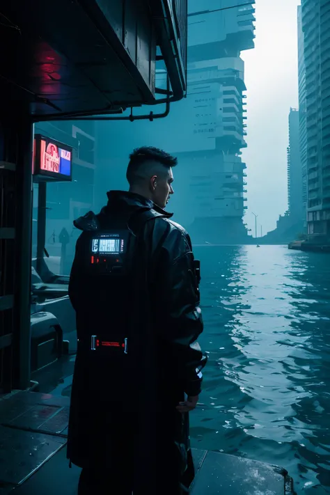 The back of a cyberpunk man in the sea